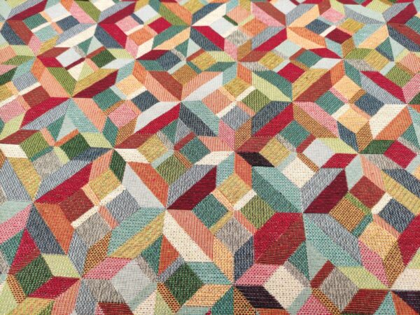 Tessuto Gobelin a fantasia motivo geometrico beige -  arancione - verde - carta da zucchero
