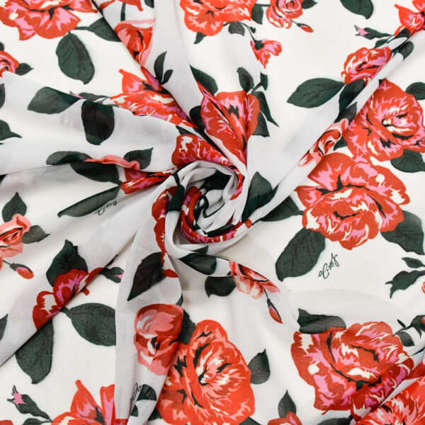 Tessuto Georgette a fantasia motivo floreale bianco - rosso - verde