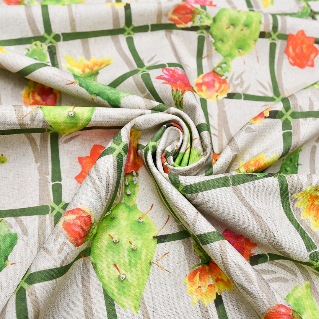Tessuto Panama di Cotone per arredamento a fantasia motivo floreale beige -  verde - rosso - Iaia Tessuti