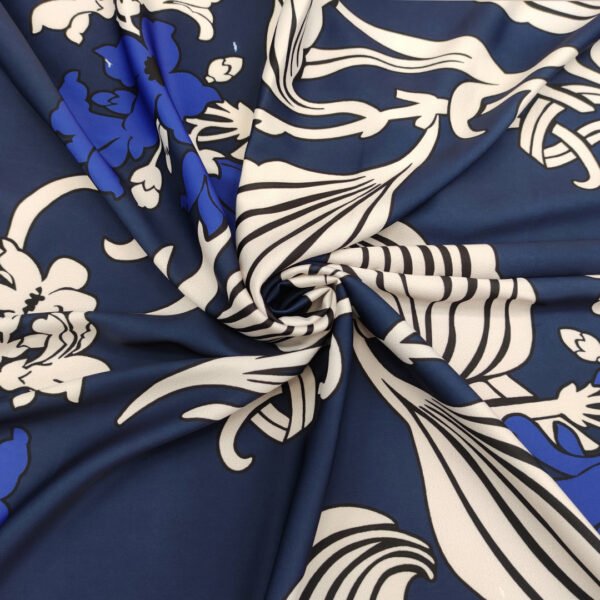 Tessuto Satin a fantasia motivo floreale blu navy - bianco