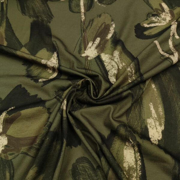 Tessuto jersey di viscosa a fantasia motivo floreale verde militare - marrone - beige