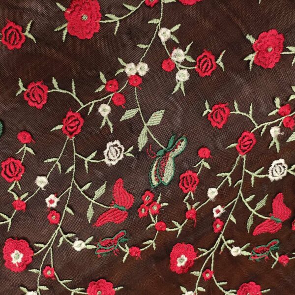 Tessuto Tulle - pizzo mano seta ricamato con fiori nero - verde - rosso