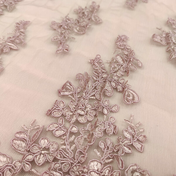 Tessuto Tulle - pizzo mano seta plissettato ricamato tinta unita rosa cipria