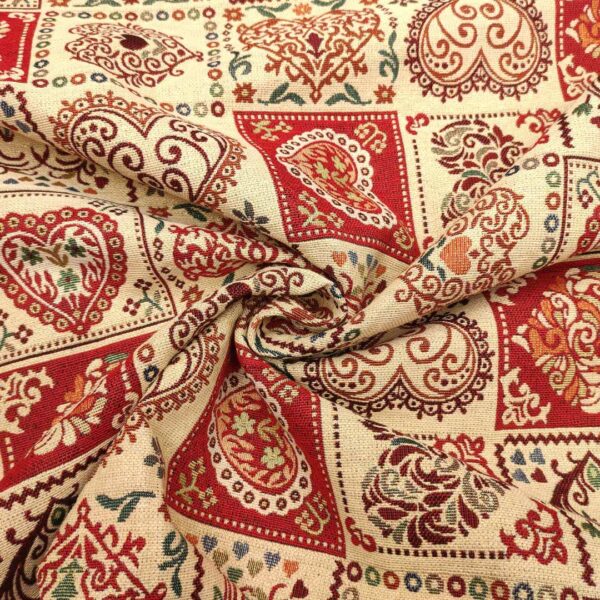 Tessuto Natalizio decorativo a fantasia gobelin lurex con cuori rosso - oro