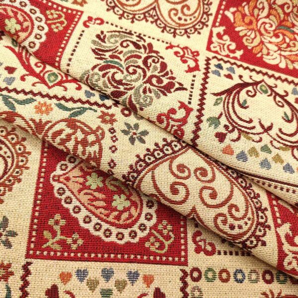 Tessuto Natalizio decorativo a fantasia gobelin lurex con cuori rosso - oro