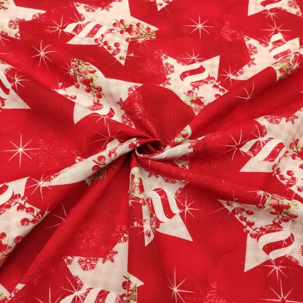 Tessuto Natalizio Decorativo a fantasia misto cotone con stelle bianco - rosso