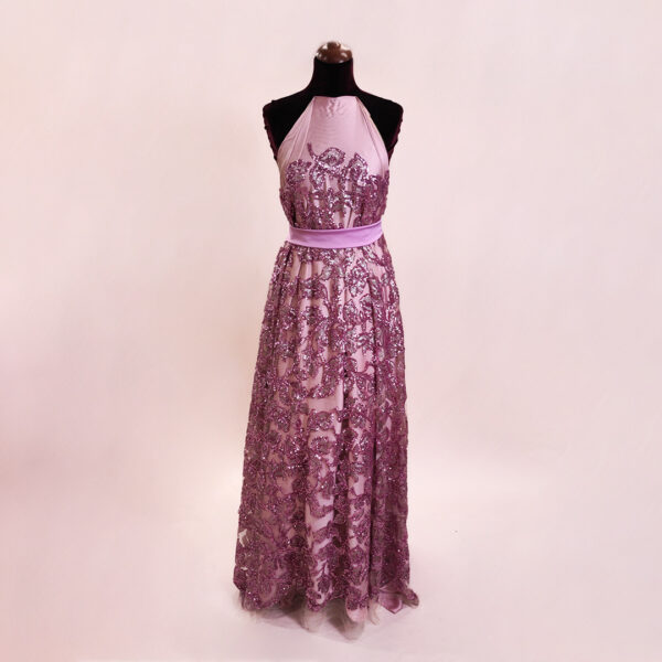 Tessuto tulle-pizzo ricamato con paillettes motivo floreale rosa scuro