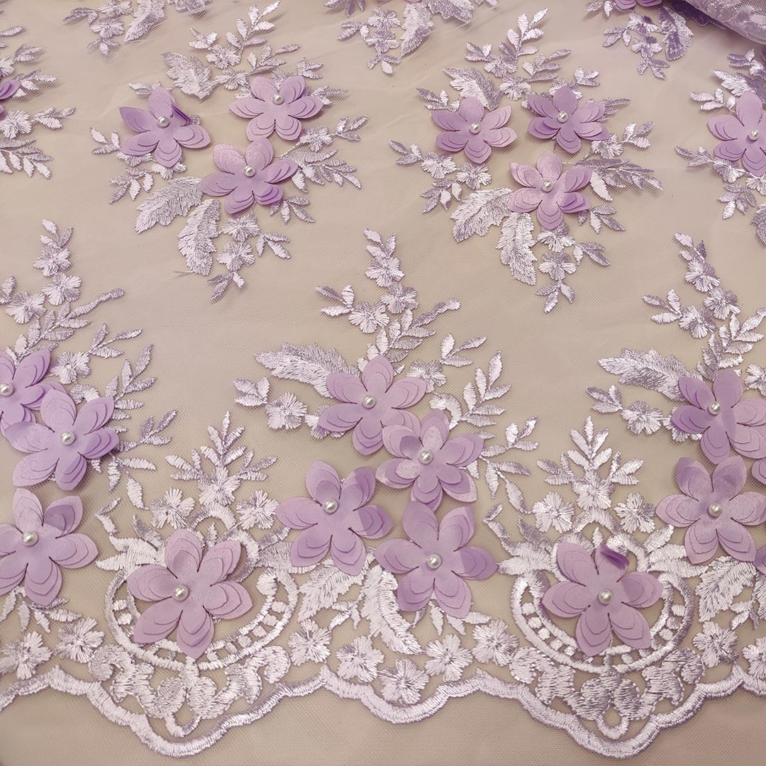 Tessuto Tulle mano seta ricamato con fiori in 3D e con strass celeste  pastello - Iaia Tessuti