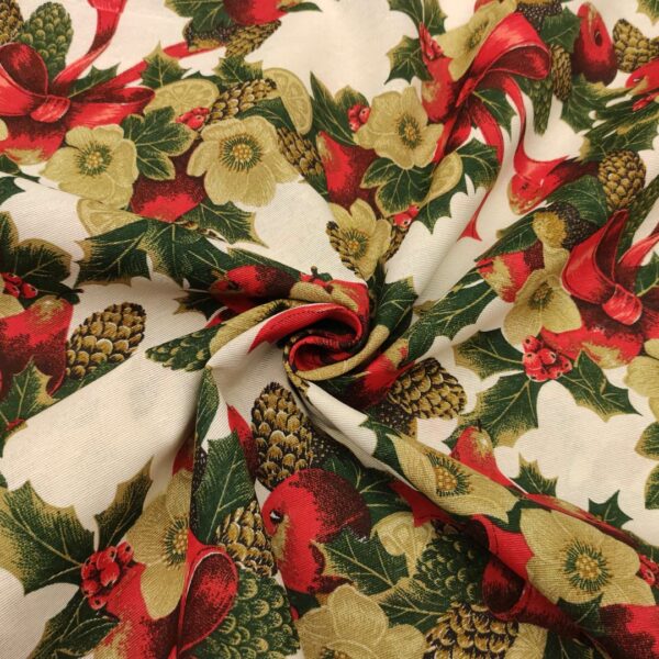 Tessuto Natalizio Decorativo a fantasia misto cotone con fiocchi rosso - verde - bianco