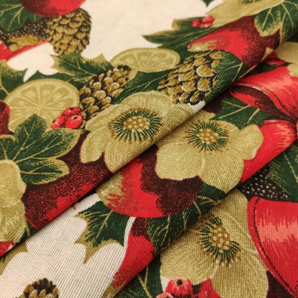 Tessuto Natalizio Decorativo a fantasia misto cotone con fiocchi rosso - verde - bianco