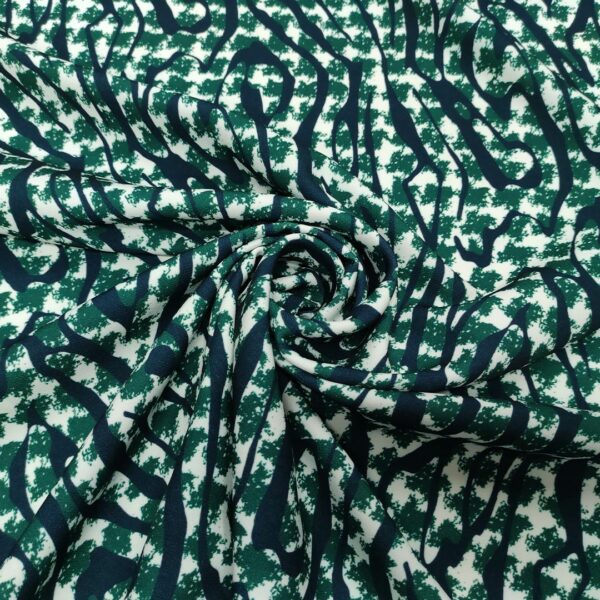 Tessuto cady elasticizzato a fantasia motivo astratto bianco - verde smeraldo - verde ottanio