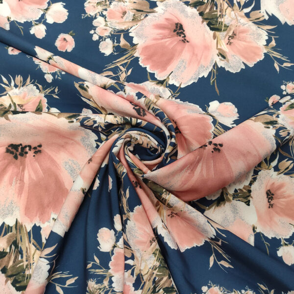 Tessuto cady elasticizzato a fantasia motivo floreale blu navy - rosa antico - bianco