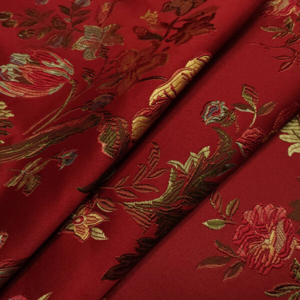 Tessuto Raso Damascato per Arredamento motivo floreale bordeaux - oro - celeste