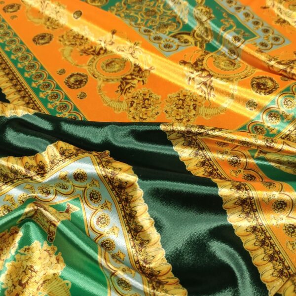Tessuto velluto elasticizzato a fantasia motivo geometrico oro - verde bottiglia - verde smeraldo