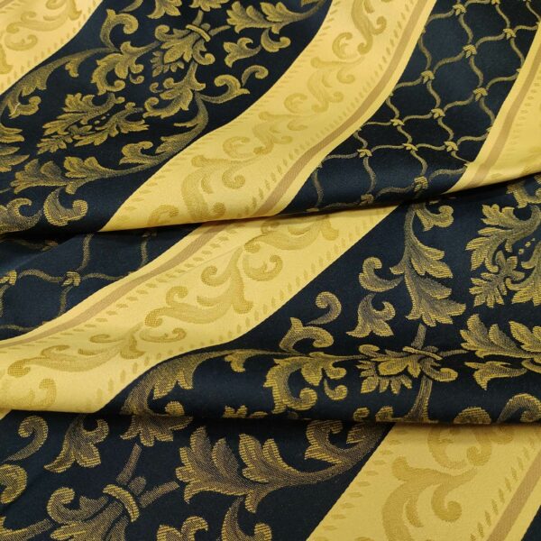 Tessuto raso damascato per arredamento motivo rigato blu - oro