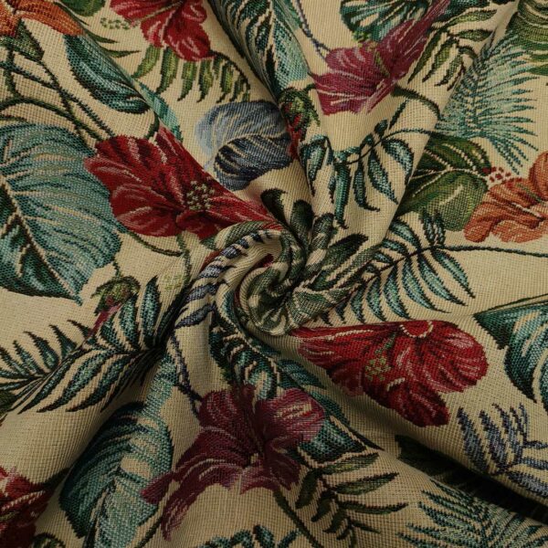 Tessuto Gobelin a fantasia motivo floreale turchese - beige - rosso