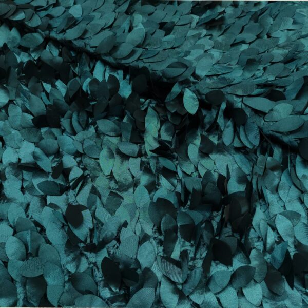 Tessuto taffetà ricamato con fiori 3d verde petrolio