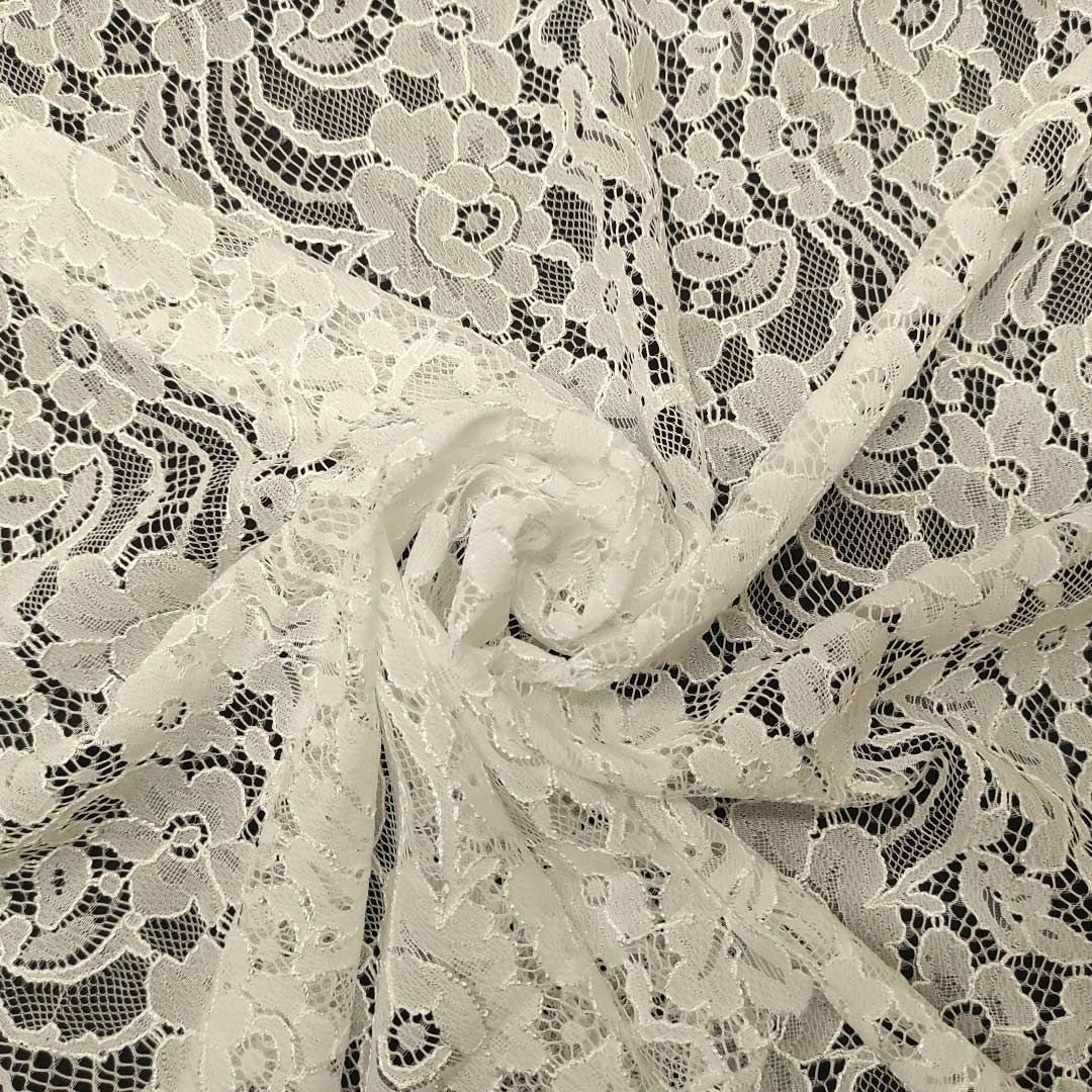 Tessuto pizzo elasticizzato motivo floreale bianco - Iaia Tessuti