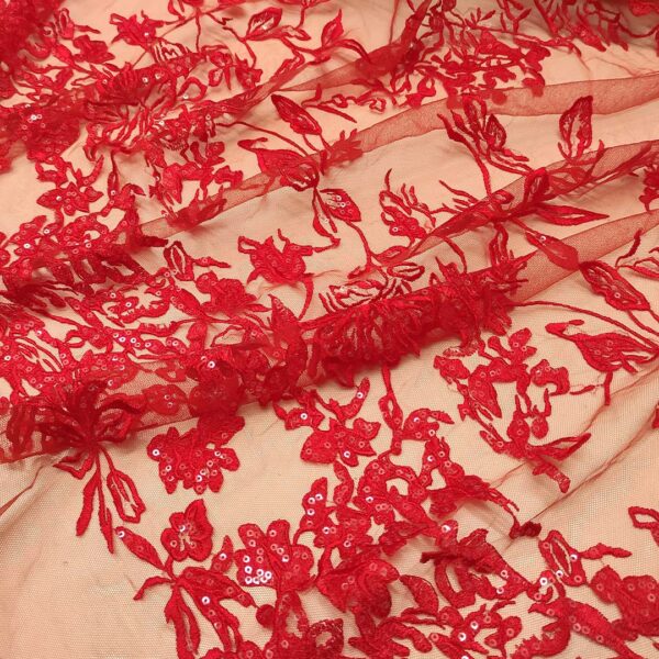 Tessuto pizzo su tulle con paillettes elasticizzato motivo floreale rosso