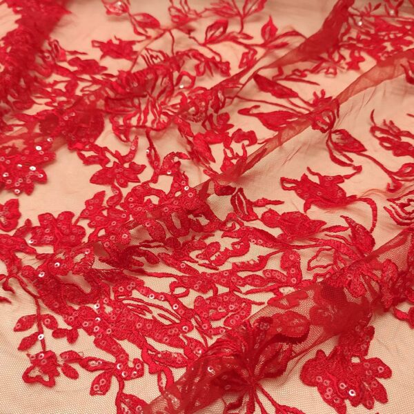 Tessuto pizzo su tulle con paillettes elasticizzato motivo floreale rosso