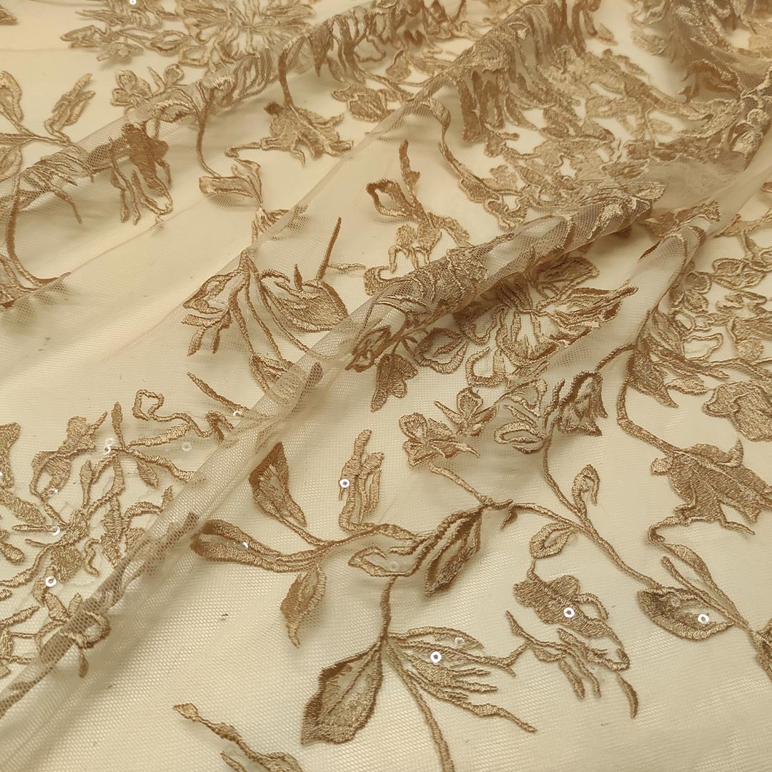 Tessuto pizzo su tulle con paillettes elasticizzato motivo floreale tortora  - Iaia Tessuti