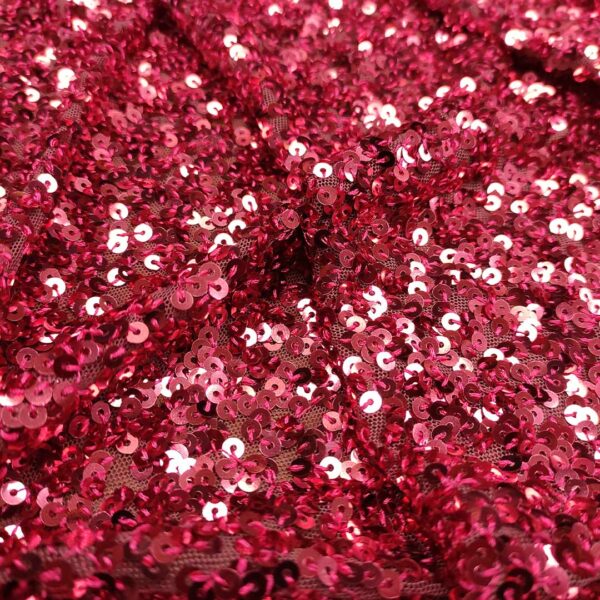 Tessuto tulle elasticizzato ricamato con paillettes geranio