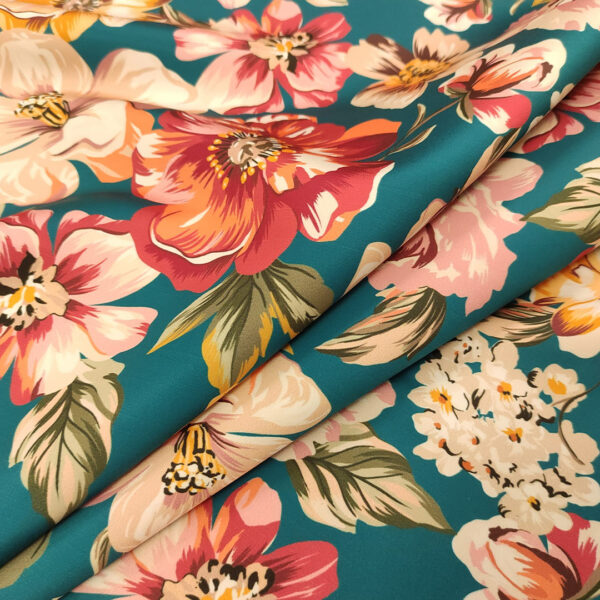 Tessuto Duchesse a fantasia motivo floreale rosa - verde petrolio - ocra
