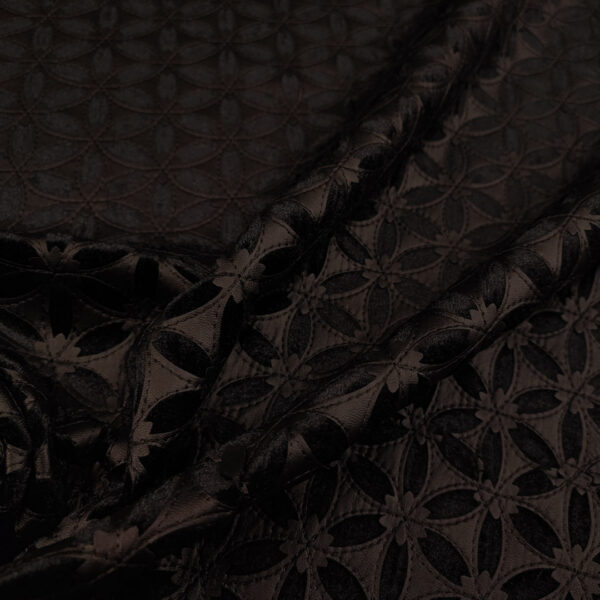Tessuto Ecopelle motivo geometrico doppiato con Tessuto velluto nero