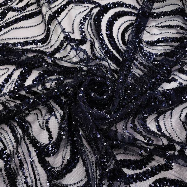 Tessuto Tulle - pizzo mano seta ricamato con pietre e con paillettes motivo astratto blu