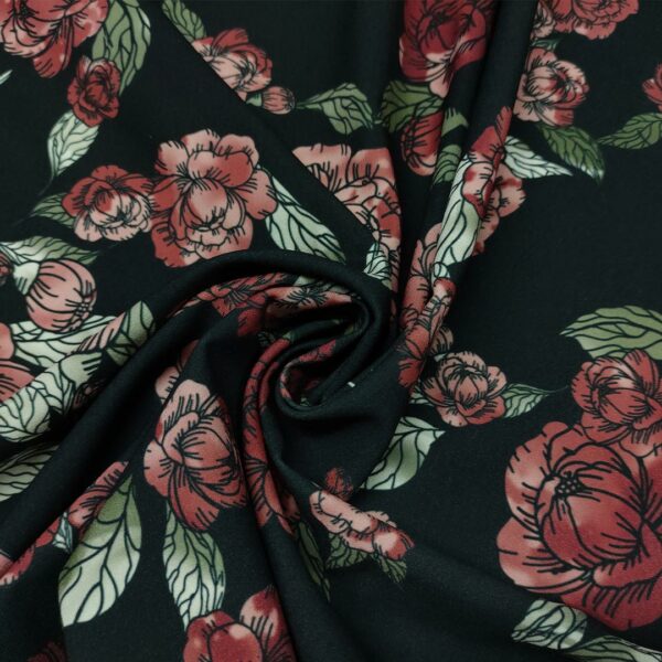 Tessuto Crepe a fantasia motivo floreale rosso scuro - nero - verde