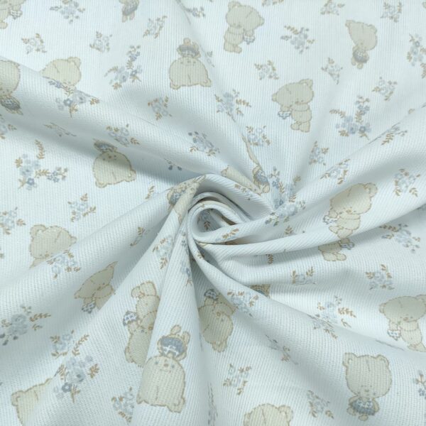 Tessuto Millerighe di Cotone a fantasia motivo orsetti panna - beige - celeste