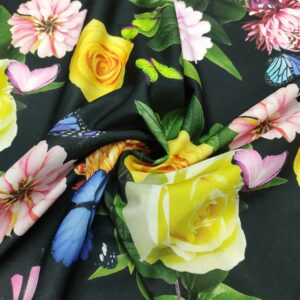Tessuto Scuba Crepe a fantasia motivo floreale nero - rosa - verde - blu