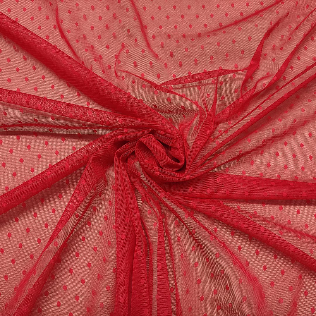Tessuto Tulle elasticizzato con pois tono su tono rosso - Iaia Tessuti