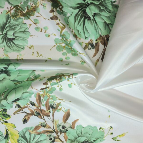 Tessuto Duchesse a fantasia motivo floreale bianco - verde tiffany