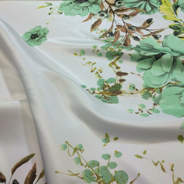 Tessuto Duchesse a fantasia motivo floreale bianco - verde tiffany