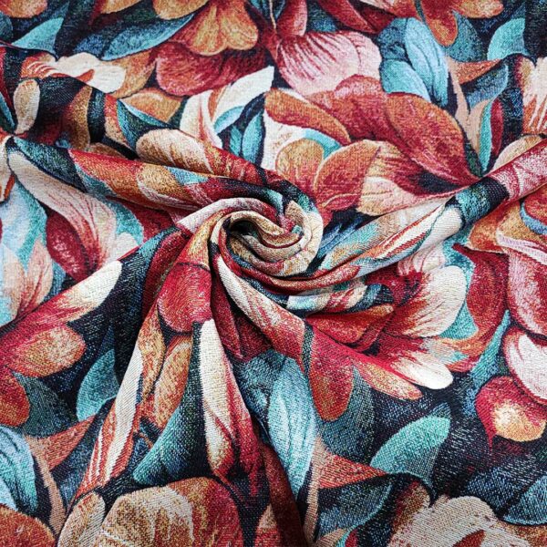 Tessuto Gobelin a fantasia motivo floreale turchese - rosso - nero