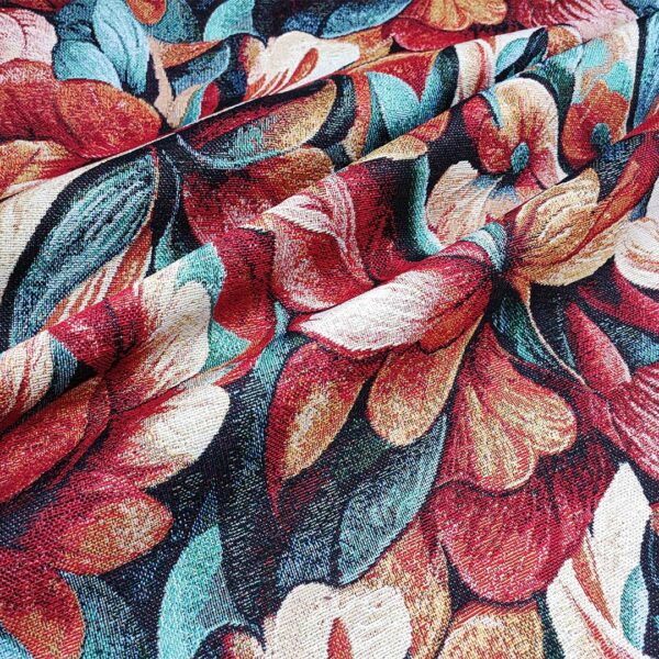 Tessuto Gobelin a fantasia motivo floreale turchese - rosso - nero