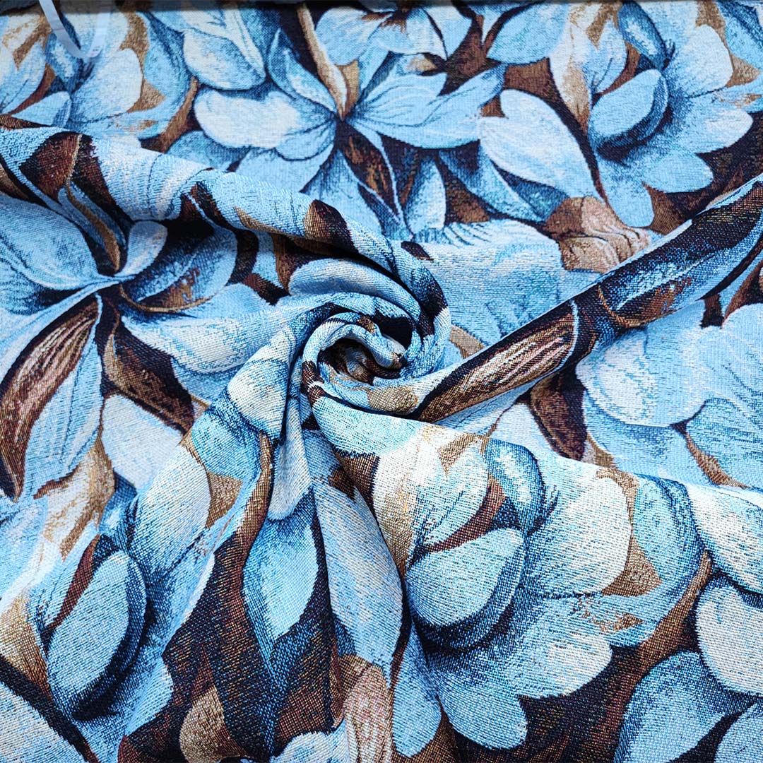 Tessuto Gobelin a fantasia motivo floreale turchese - tabacco