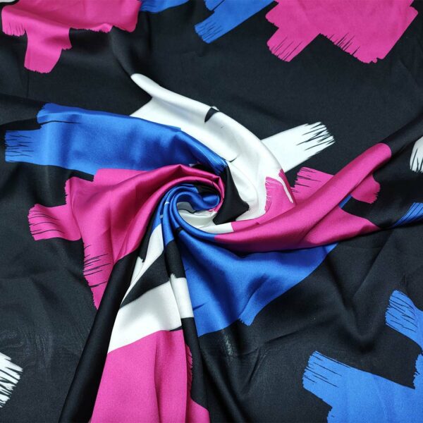 Tessuto Satin a fantasia motivo astratto nero - azzurro - fucsia - bianco