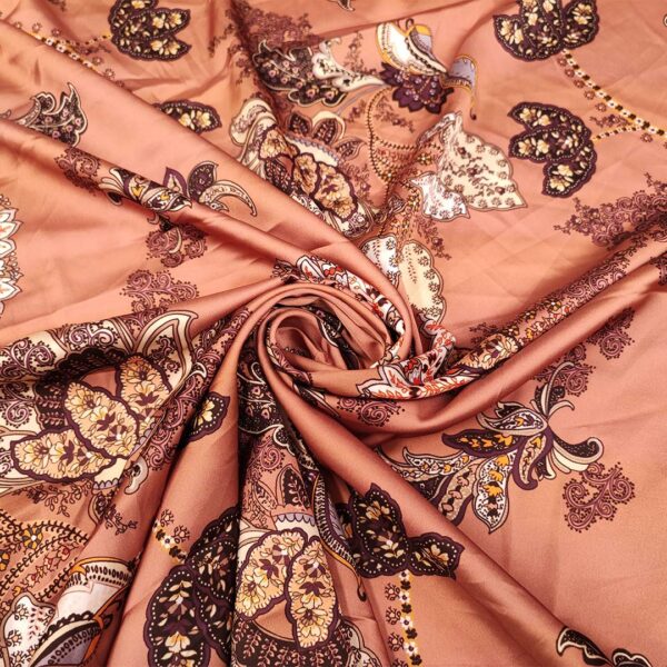 Tessuto Satin a fantasia motivo floreale cashmere rosa antico - marrone - bianco
