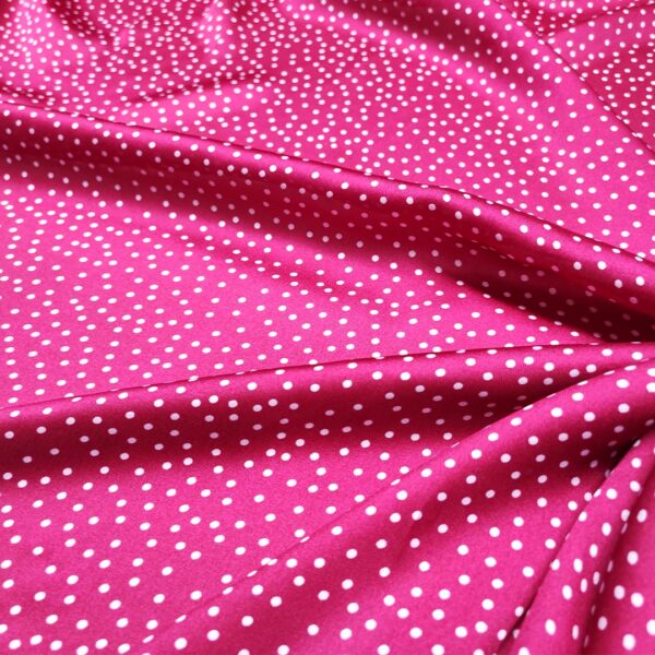 Tessuto Satin a fantasia motivo pois piccoli fucsia - bianco