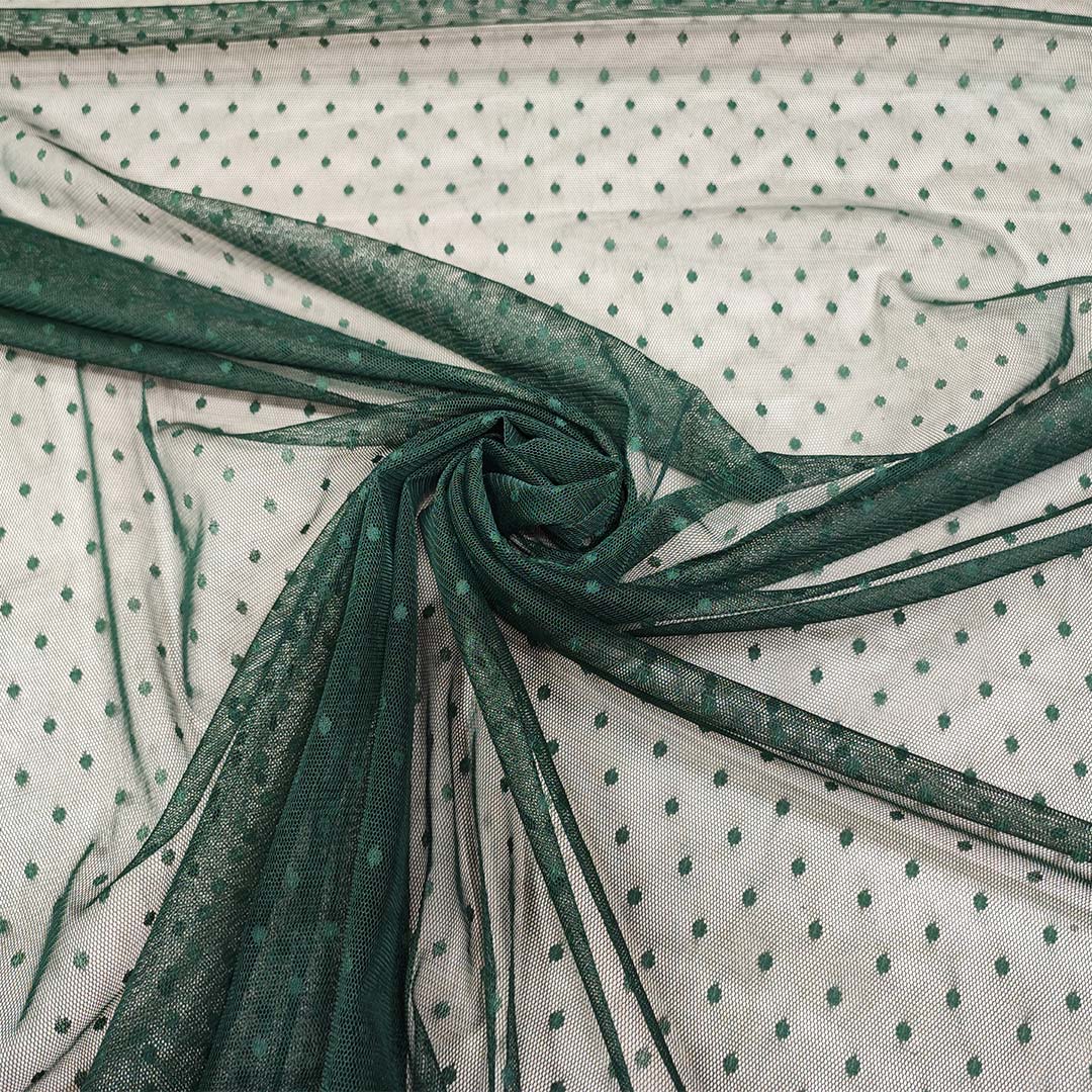 Tessuto Tulle elasticizzato con pois tono su tono verde bottiglia - Iaia  Tessuti