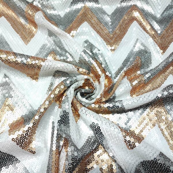 Tessuto Tulle Elasticizzato Ricamato con paillettes motivo geometrico oro - argento - bianco