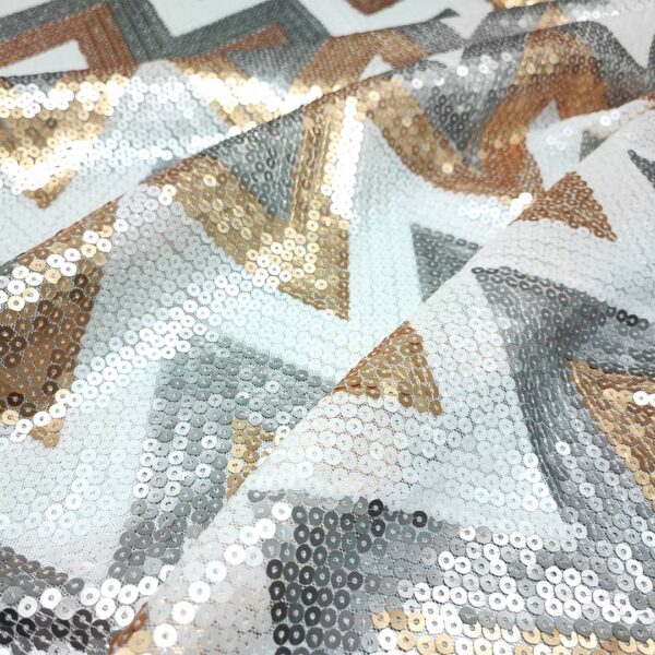 Tessuto Tulle Elasticizzato Ricamato con paillettes motivo geometrico oro - argento - bianco