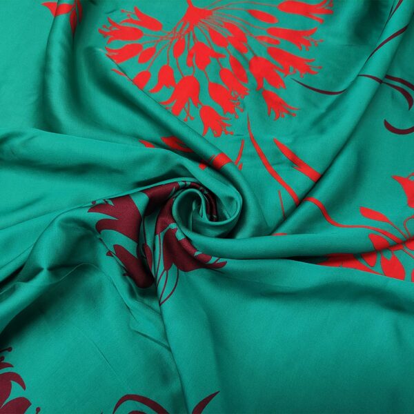 Tessuto Satin a fantasia motivo floreale verde smeraldo - arancione- bordeaux