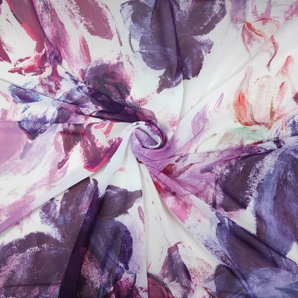 Tessuto Georgette a fantasia motivo floreale bianco - magenta - viola