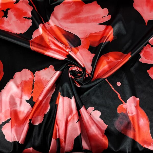 Tessuto Satin elasticizzato a fantasia motivo floreale nero - rosso