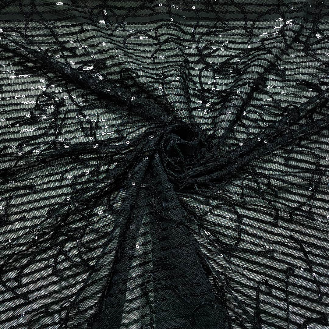 Tessuto Tulle Elasticizzato Ricamato con paillettes motivo frange nero -  Iaia Tessuti