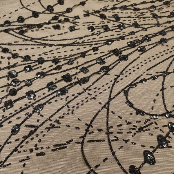 Tessuto Tulle mano seta con Glitter motivo astratto nero