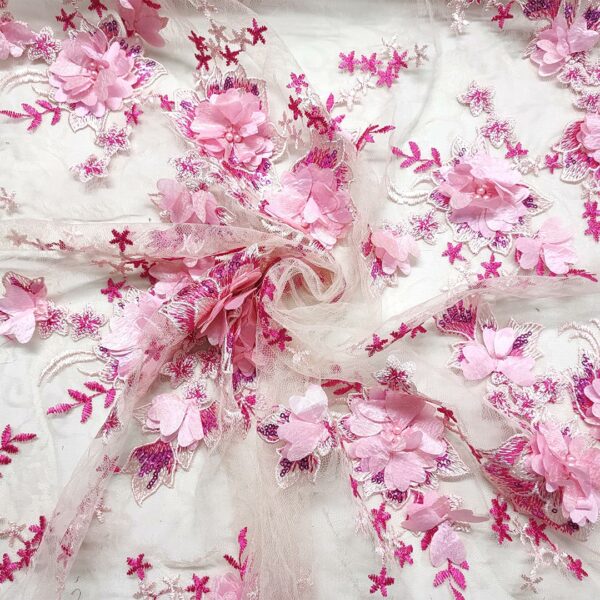 Tessuto Tulle ricamato con fiori 3D rosa baby - fucsia